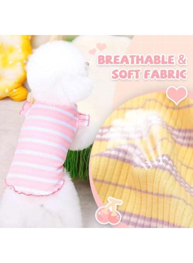 CLENEA 2 Pack Striped Small Dog T-Shirt, Cute Cherry Design, Breathable Soft Cotton Sleeveless Vest for Small Dogs and Cats, Spring and Summer Doggy Outfits (Pink + Yellow, Large) - Image 2
